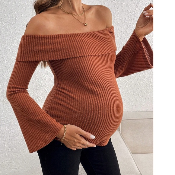 Maternity Ribbed Off Shoulder Flare Long Sleeve Top - Picture 3 of 10
